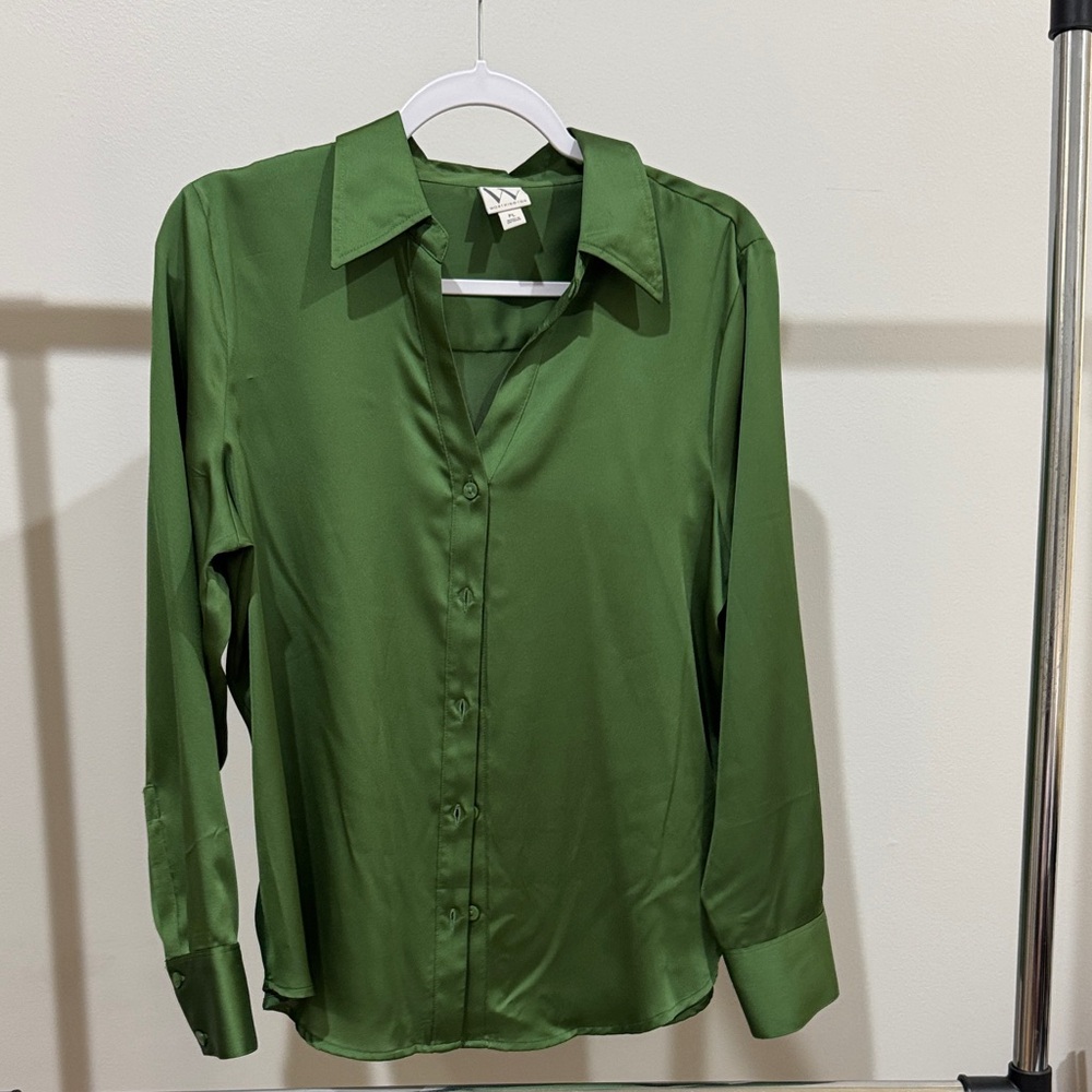 Green Satin Button-Up Shirt